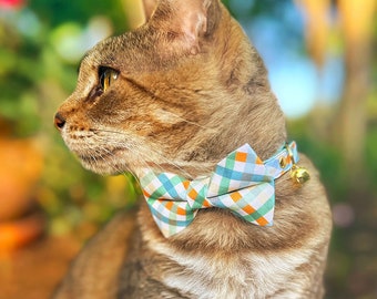 Bow Tie Cat Collar Set - "Seashore" - Ocean Blue Plaid Cat Collar w/ Matching Bowtie / Spring, Summer, Mint, Coastal, Sea / Cat + Small Dog