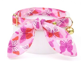 Pink Cat Collar + Bunny Ear Bow Set - "Butterfly Garden" - Cute Girl Cat Collar + Bunny Bow Tie On Scarf, Butterflies Breakaway Cat Collar