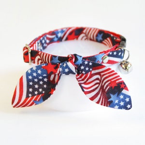 Patriotic Cat Collar and Bunny Ear Bow Set - &quot;Stars & Stripes&quot; - 4th of July Cat Collar with Bunny Bow Tie, Breakaway Cat Collar, USA Flag