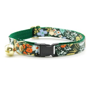 Cat Collar - &quot;Meadow&quot; - Rifle Paper Co® Dark Green Floral Cat Collar / Breakaway + Non-Breakaway / Spring, Summer, Fall / Cat + Kitten Sizes