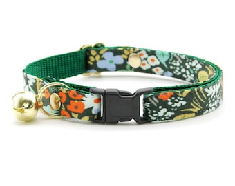 Cat Collar - &quot;Meadow&quot; - Rifle Paper Co® Dark Green Floral Cat Collar / Breakaway + Non-Breakaway / Spring, Summer, Fall / Cat + Kitten Sizes