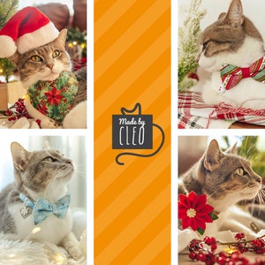 May include: A collage of four images featuring a gray tabby cat wearing different festive holiday-themed collars. The cat is wearing a red Santa hat in the top left image, a green and red bow tie in the top right image, a blue and white bow tie in the bottom left image, and a red poinsettia flower in the bottom right image. The center image features a black and white graphic of a cat with the text "Made by CLEO".