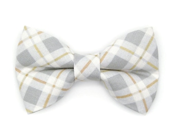 Gray Cat Bow Tie - "Earl Grey" - Light Gray Plaid Bow Tie for Cat Collar / Wedding, Winter, Neutral / Cat, Kitten + Small Dog Bowtie