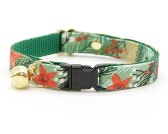 Holiday Cat Collar - "Rustic Christmas" - Green Pine, Berries & Poinsettia Cat Collar / Breakaway or Non-Breakaway / Cat, Kitten, Small Dog