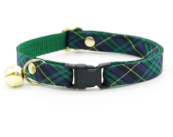 Cat Collar - "Hunter" - Dark Green Tartan Plaid Cat Collar / Breakaway or Non-Breakaway / Holiday, Christmas, Winter / Cat + Small Dog Sizes