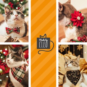May include: Three cats wearing festive holiday collars and bandanas. The first cat is wearing a red and white bow tie with a red and white polka dot pattern. The second cat is wearing a red poinsettia flower with a gold center. The third cat is wearing a black and gold bandana with a snowflake pattern. The image has the text "Made by CLEO" in a black box.