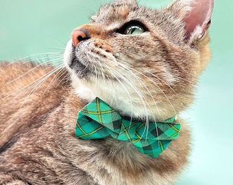 Bow Tie Cat Collar Set - "Dublin" - Tartan Plaid Green Cat Collar w/ Matching Bowtie / St. Patrick's Day / Irish / Cat, Kitten, Small Dog