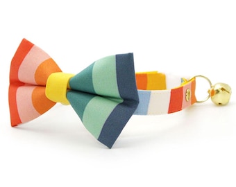 Rainbow Bow Tie Cat Collar Set - "Carousel" - Striped Nautical Cat Collar w/ Matching Bowtie / Summer, Pride, Birthday / Cat + Kitten Sizes