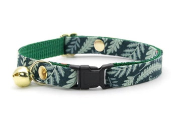 Cat Collar - "Eden" - Botanical Sage & Dark Green Cat Collar / Breakaway + Non-Breakaway / Fern, Forest, Holiday / Cat + Kitten Sizes