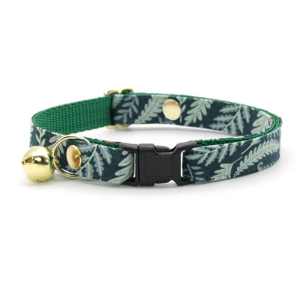 Cat Collar - "Eden" - Botanical Sage & Dark Green Cat Collar / Breakaway + Non-Breakaway / Fern, Forest, Holiday / Cat + Kitten Sizes