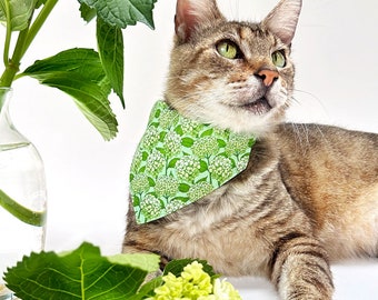 Cat Bandana - "Hydrangea Hill" - Botanical Green Bandana for Cat + Small Dog / Spring, Summer, Wedding, Garden Lover Gift / Slide-on Bandana