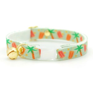 Tropical Cat Collar - "Palms & Popsicles - Green" - Palm Tree Ice Cream Popsicle Cat Collar, Summer Breakaway Cat Collar, Kitten, Small Dog
