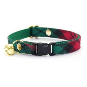 Holiday Cat Collar - "Fireside" - Red & Green Plaid Cat Collar / Breakaway or Non-Breakaway / Cat Gift / Christmas / Cat, Kitten, Small Dog