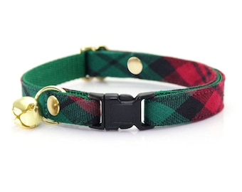Holiday Cat Collar - "Fireside" - Red & Green Plaid Cat Collar / Breakaway or Non-Breakaway / Cat Gift / Christmas / Cat, Kitten, Small Dog