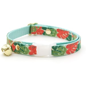 Cat Collar - "Cabana Crush" - Monstera Tropical Cat Collar / Breakaway or Non-Breakaway / Summer, Beach, Hawaiian / Cat, Kitten, Small Dog