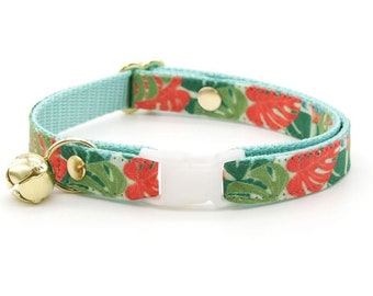 Cat Collar - "Cabana Crush" - Monstera Tropical Cat Collar / Breakaway or Non-Breakaway / Summer, Beach, Hawaiian / Cat, Kitten, Small Dog