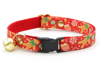 Cat Collar - "Christmas Treats - Red" - Gingerbread Cat Collar / Breakaway or Non-Breakaway / Holiday Sweets / Cat,Kitten,Small Dog Sizes