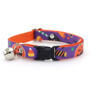Halloween Cat Collar - &quot;Witch&#39;s Brew&quot; - Purple & Orange Cat Collar / Breakaway or Non-Breakaway / Pumpkins + Candy / Cat, Kitten, Small Dog