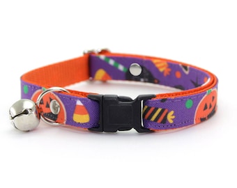 Halloween Cat Collar - "Witch's Brew" - Purple & Orange Cat Collar / Breakaway or Non-Breakaway / Pumpkins + Candy / Cat, Kitten, Small Dog