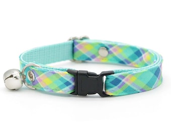 Aqua Cat Collar - "Breeze" - Summer Plaid Cat Collar / Breakaway or Non-Breakaway / Beach, Ocean, Turquoise, Spring / Cat, Kitten, Small Dog