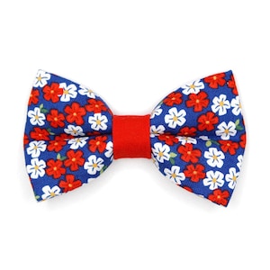 4th of July Cat Bow Tie - &quot;Red White & Bloom&quot; - Blue Red Floral Bow Tie for Cat Collar / Patriotic, Summer / Cat, Kitten + Small Dog Bowtie