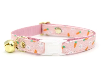 Easter Cat Collar - "Bunnies & Carrots Pink" - Bunny Cat Collar / Breakaway or Non-Breakaway / Pastel, Girl Cat / Cat,Kitten,Small Dog Size