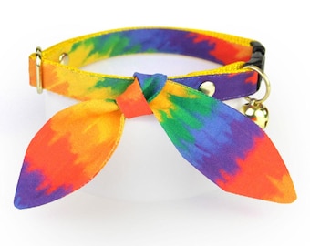 Pride Cat Collar and Bunny Ear Bow Set - "Celebration" - Ombre Rainbow Cat Collar with Bunny Bow Tie, LGBT Breakaway Girl Cat Collar