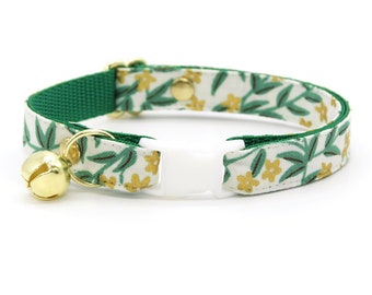 Cat Collar - "Golden Vine" - Rifle Paper Co® Green Leaf Cat Collar / Breakaway or Non-Breakaway / Forest, Nature / Cat + Small Dog Sizes