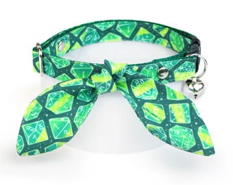 DnD Cat Collar and Bunny Ear Bow Set - "Magic Dice - Green" - D20 Cat Collar with Bunny Bow Tie, D&D Gamer Gift, Breakaway Girl Cat Collar