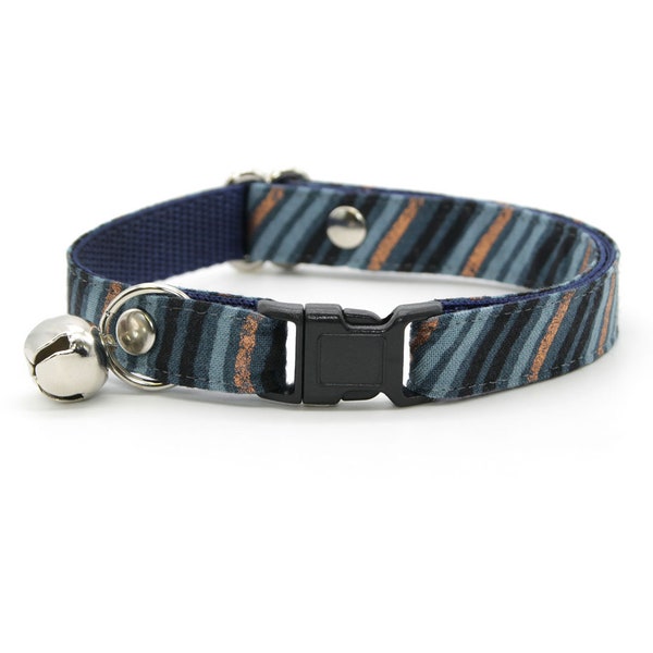 Cat Collar - "Wavelength - Smoke" - Blue, Copper & Black Cat Collar / Breakaway or Non-Breakaway / Modern, Gray / Cat + Small Dog Sizes