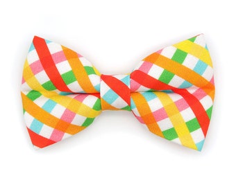 Cat Bow Tie - "Maypole" - Rainbow Plaid Bow Tie for Cat Collar / Spring, Summer, Fiesta, Cinco de Mayo, May Day, Birthday / Cat + Small Dog