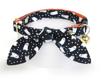 Ghost Cat Collar and Bunny Ear Bow Set - "Chasing Ghosts" - Halloween Cat Collar with Bunny Bow Tie, Black Breakaway Girl Cat Collar