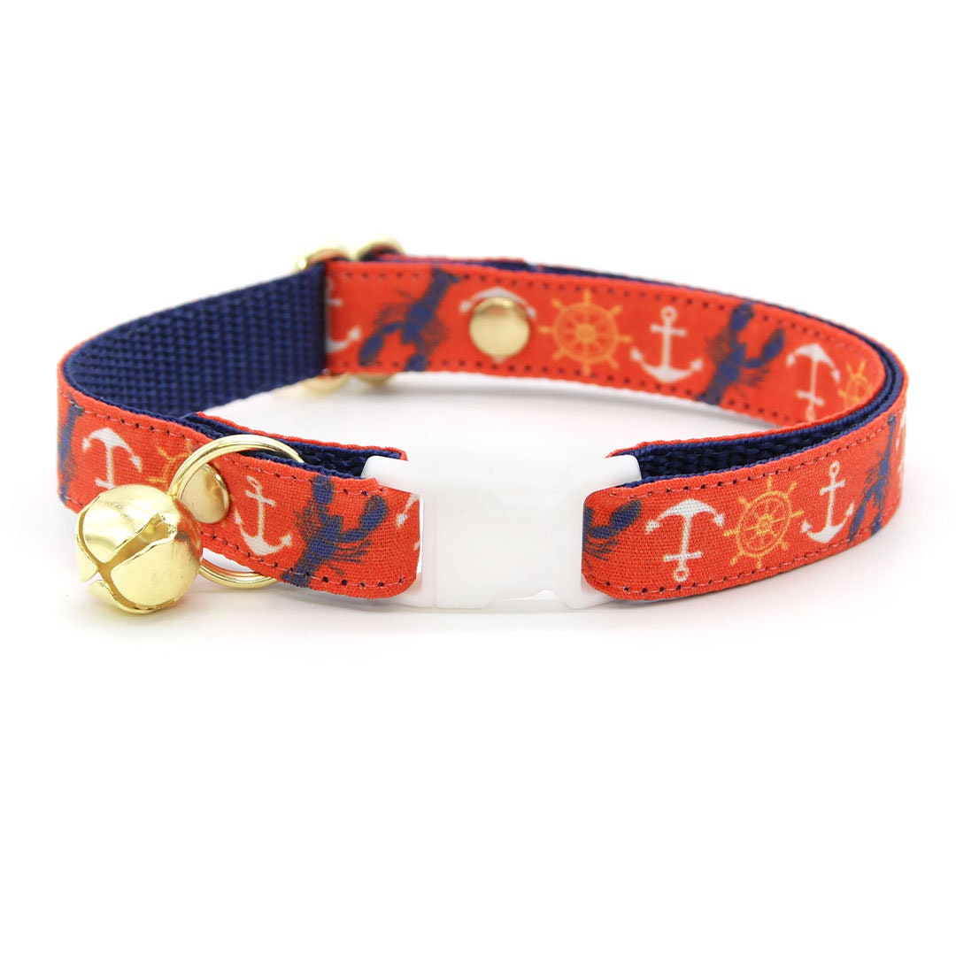 Cat Collar nautical Sunset Coral Red Anchor & Lobster Cat Collar