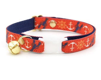 Cat Collar - "Nautical Sunset" - Coral Red Anchor & Lobster Cat Collar / Breakaway or Non-Breakaway / Summer / Cat, Kitten + Small Dog Sizes