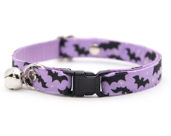 Bat Cat Collar - "Batty Babe - Purple" - Halloween Cat Collar, Spooky Girly Lilac / Breakaway or Non-Breakaway / Cat, Kitten, Small Dog Size