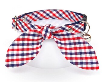 Patriotic Cat Collar and Bunny Ear Bow Set - "Heritage" - Red Blue Gingham Plaid Cat Collar w/ Tie-on Bow Tie, Summer Preppy, 4th of July