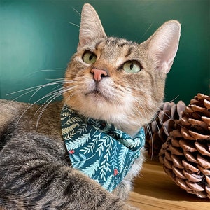 Cat Bandana - &quot;Eden&quot; - Dark Green & Sage Botanical Bandana for Cat + Small Dog / Fern, Forest, Holiday / Over-the-Collar Bandana
