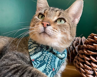 Cat Bandana - &quot;Eden&quot; - Dark Green & Sage Botanical Bandana for Cat + Small Dog / Fern, Forest, Holiday / Over-the-Collar Bandana