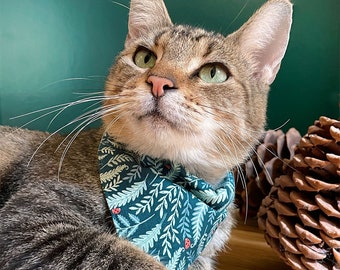 Cat Bandana - "Eden" - Dark Green & Sage Botanical Bandana for Cat + Small Dog / Fern, Forest, Holiday / Over-the-Collar Bandana