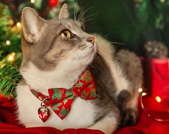 Holiday Bow Tie Cat Collar Set - "Crimson Berry" - Elegant Christmas Red Holly Cat Collar w/ Matching Bowtie / Cat, Kitten, Small Dog Sizes