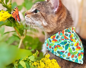 Cat Bandana - "Bugs & Butterflies" - Sky Blue Insect + Butterfly Bandana for Cat + Small Dog / Spring, Summer, Garden / Slide-on Bandana