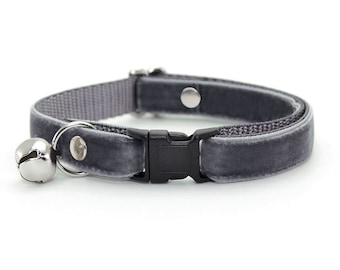 Cat Collar - "Velvet - Storm Gray" - Dark Grey Cat Collar / Breakaway or Non-Breakaway / Gray Velvet / Wedding / Cat, Kitten, Small Dog