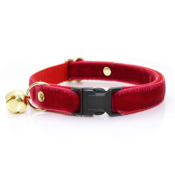 Kattenhalsband - "Velvet - Garnet Red" - Luxe rood fluwelen kattenhalsband Breakaway / Valentijnsdag / Kerstmis / Bruiloft / Kat, Kitten, Kleine Hond