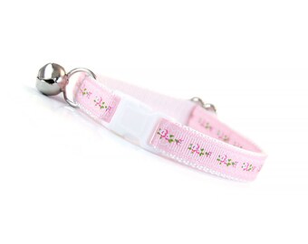 Cat Collar - "Primrose" - Baby Pink Floral - Breakaway Safety Buckle or Non-Breakaway - Sizes for Cat, Kitten, Small Dog