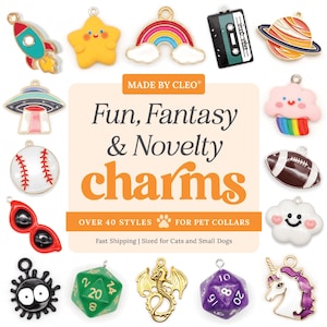 May include: A collection of metal enamel charms featuring a rocket, star, rainbow, cassette tape, planet, UFO, cloud, baseball, football, sunglasses, soot sprite, 20-sided dice, dragon, and unicorn. Text reads: MADE BY CLEO Fun, Fantasy & Novelty charms.
