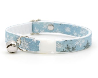 Winter Cat Collar - "Snowflakes - Frosty Blue" - Light Blue Snowflake Cat Collar / Breakaway or Non-Breakaway / Cat, Kitten, Small Dog