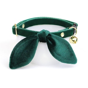 Dark Green Velvet Cat Collar and Bunny Ear Bow Set - "Velvet - Hunter Green" - Luxe Holiday Cat Collar + Bunny Bow Tie, Soft Cat Collar