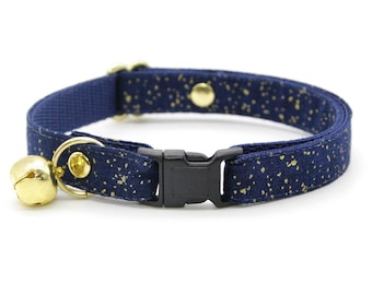Night Sky Cat Collar - "Starry Night" - Gold & Blue Cat Collar / Breakaway or Non-Breakaway / Winter, Wedding, Space, Solstice, Stars