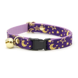 Cat Collar - "Moonlight - Purple" - Moon & Stars Cat Collar / Breakaway or Non-Breakaway / Magic, Zodiac, Night, Mystical / Cat + Small Dog