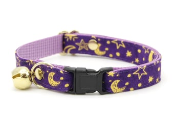 Cat Collar - &quot;Moonlight - Purple&quot; - Moon & Stars Cat Collar / Breakaway or Non-Breakaway / Magical, Zodiac, DnD Fantasy / Cat + Small Dog